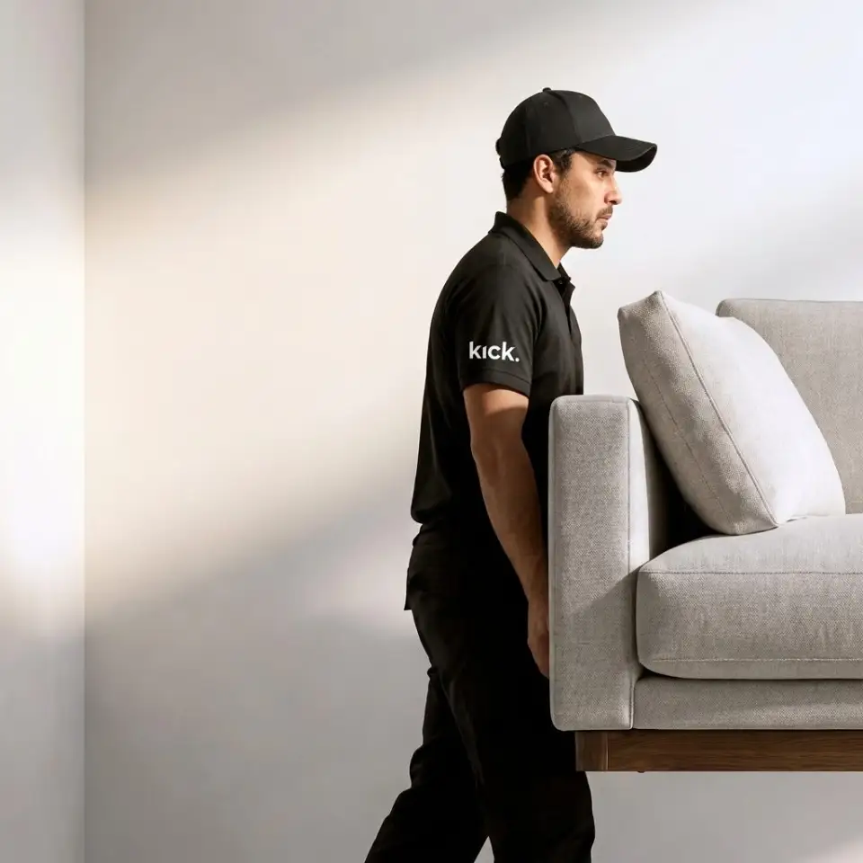 Bezorger van Kick Collection draagt een bank naar binnen
