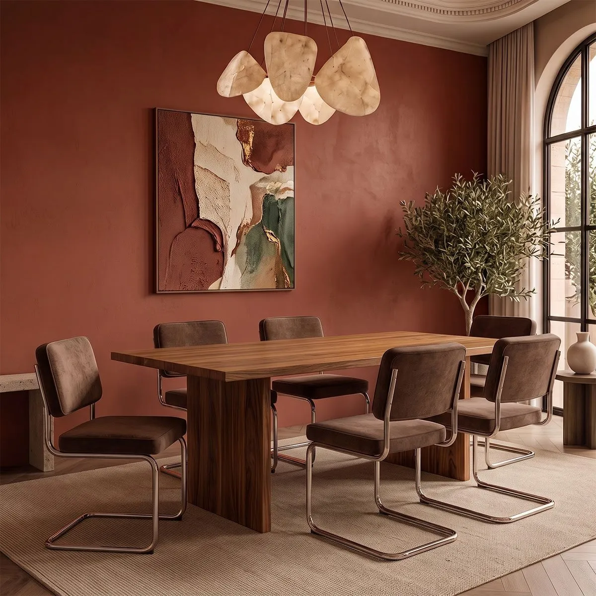 Buisframestoelen Noxx in bruin aan een houten eettafel