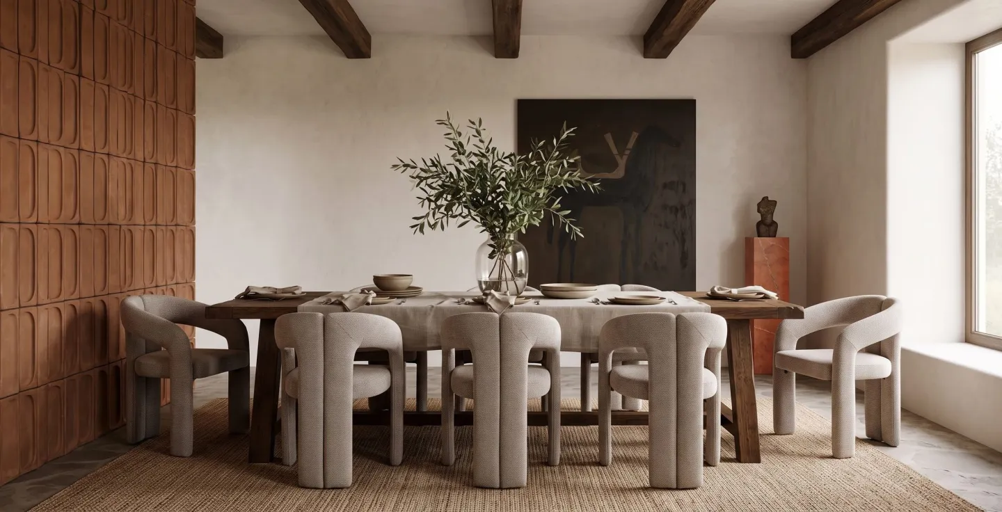 Eetkamerstoelen Ayu aan een lange houten tafel